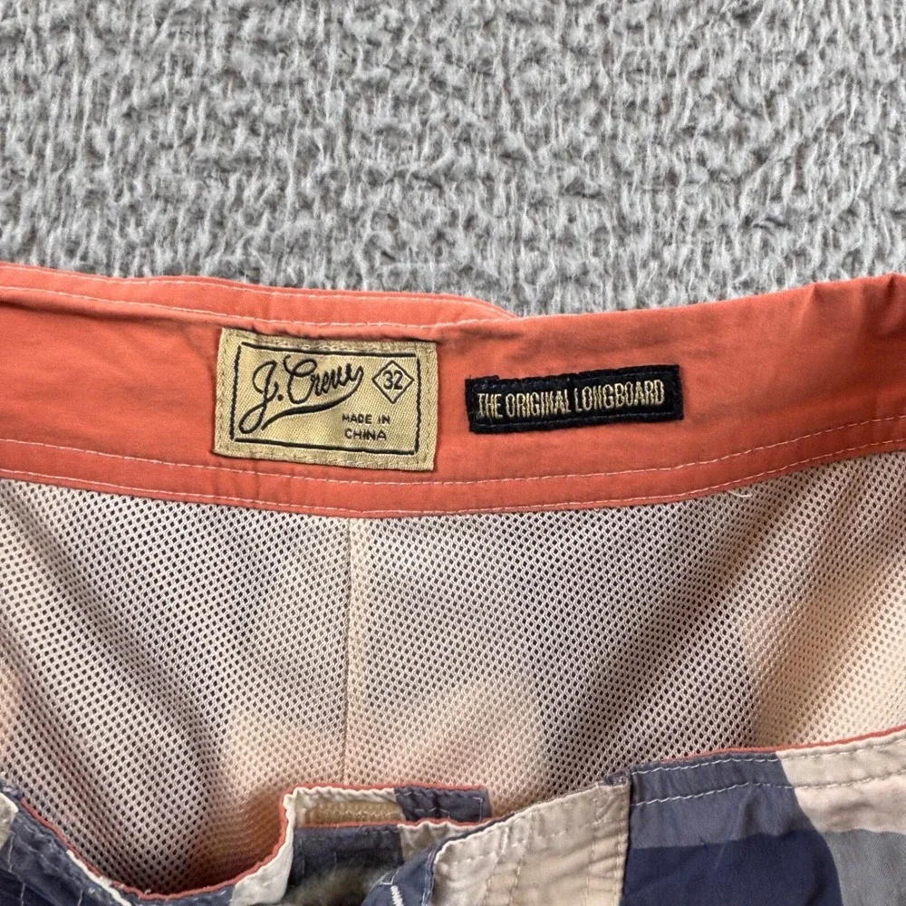 J. Crew Original Gingham Plaid Long Board Swimming‎ Trunks Shorts Blue 32